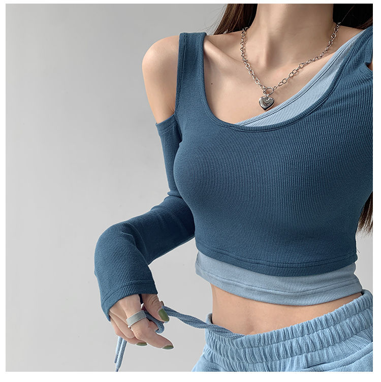 Patchwork Women's T-shirt Fake Two-piece Slim Long Sleeve Y2K Crop Tops Woman - MERGE.DAY.1.FREESTYLE