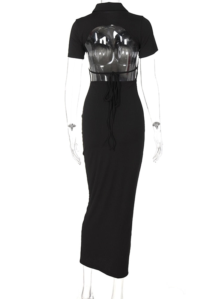 Sexy Backless Short Sleeve Shirt Dress Women Ribbed Buttons Up Bandage Knitted Bodycon Gown 2022 - MERGE.DAY.1.FREESTYLE