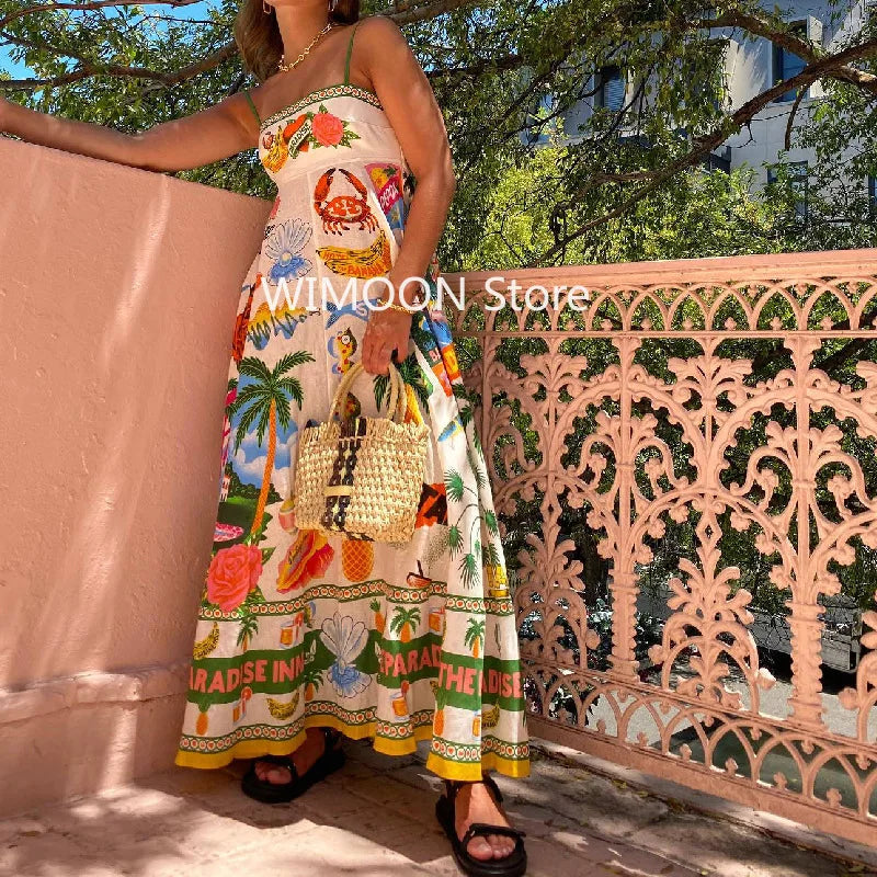 Beach Spaghetti Strap Long Dress Printed Backless Sleeveless Drawstring Dress - MERGE.DAY.1.FREESTYLE