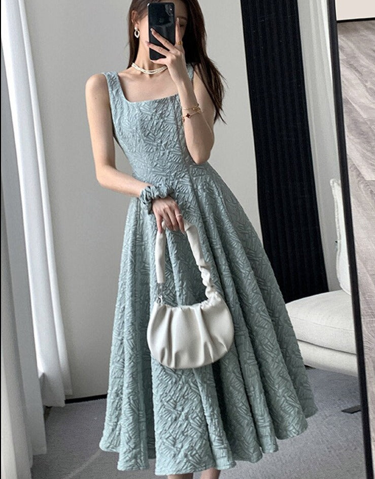 Vintage Square Collar A-line Dress Summer Sleeveless Slim Waist Female Midi Dress - MERGE.DAY.1.FREESTYLE