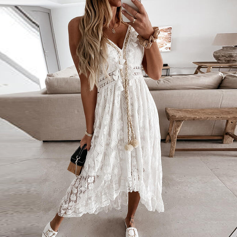 Women Dress Beach Style Elegant White Lace Spaghetti Srap Sundress Female Hollow Out Boho - MERGE.DAY.1.FREESTYLE