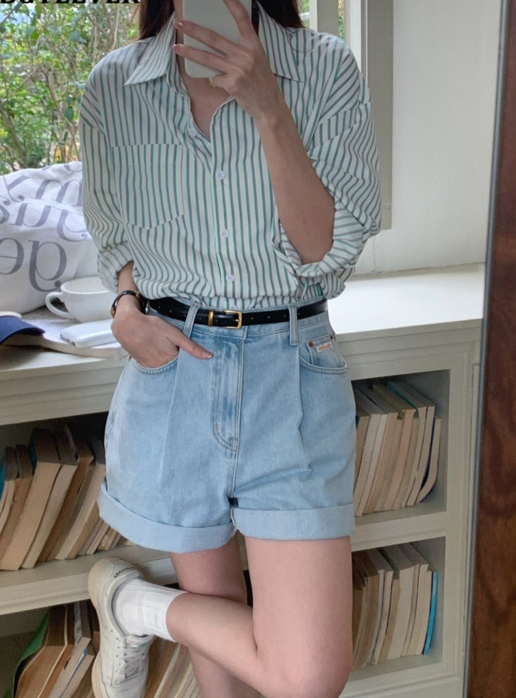 Spring Autumn Striped Blouses Long Sleeve Single-breasted Pocket Women Shirts Tops - MERGE.DAY.1.FREESTYLE