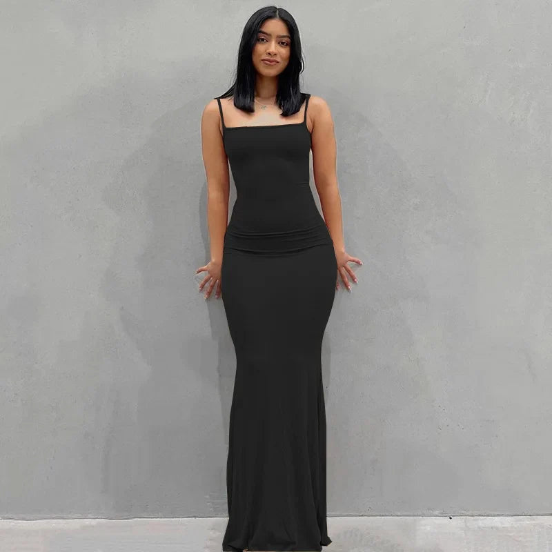 Spaghetti Strap Black Long Sleeveless Skinny Bodycon Dress Y2k - MERGE.DAY.1.FREESTYLE