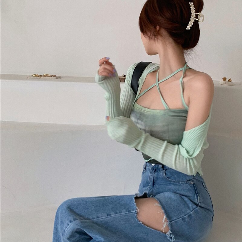 Summer Cardigan Two Piece Sets Women Fashion Slim Green Tie-dye Tops+See Through Thin Knitted - MERGE.DAY.1.FREESTYLE
