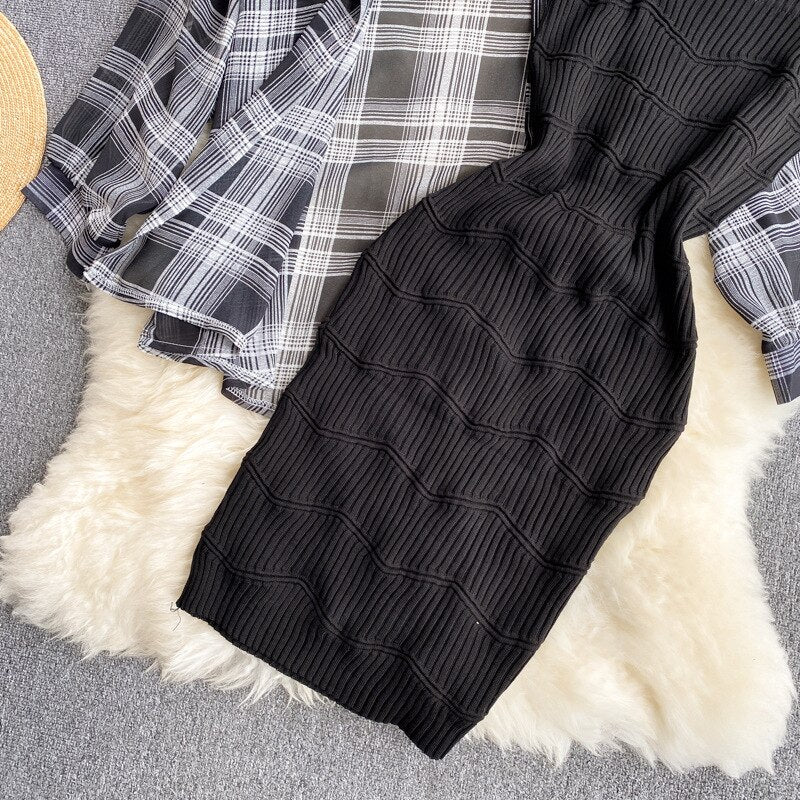 Summer Women Two Piece Set Plaid Long Sleeve Sunscreen Shirt+A-line Knitting Slip Dress - MERGE.DAY.1.FREESTYLE