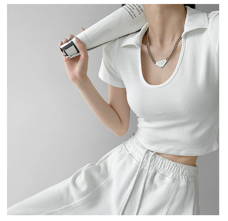 Y2K Tops Women U-shaped Lapel Short Sleeve Tees Summer High Waist Thread Crop Top - MERGE.DAY.1.FREESTYLE
