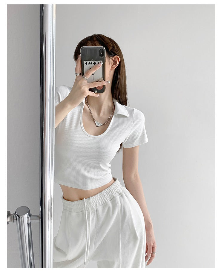 Y2K Tops Women U-shaped Lapel Short Sleeve Tees Summer High Waist Thread Crop Top - MERGE.DAY.1.FREESTYLE