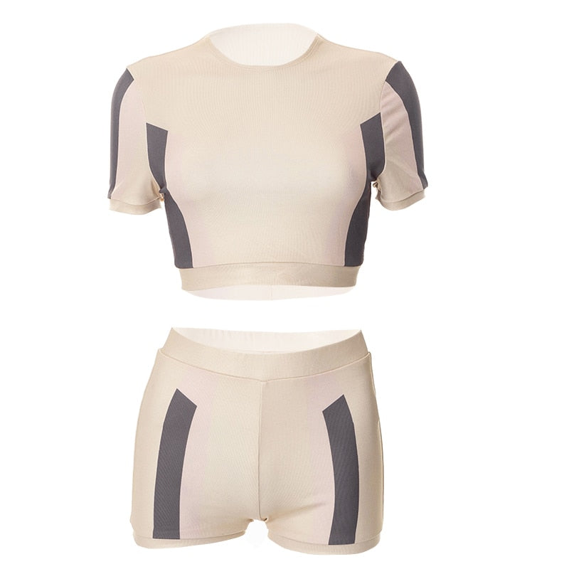 O Neck Short Sleeves Patchwork Crop T Shirt Shorts 2 Pieces Set - MERGE.DAY.1.FREESTYLE