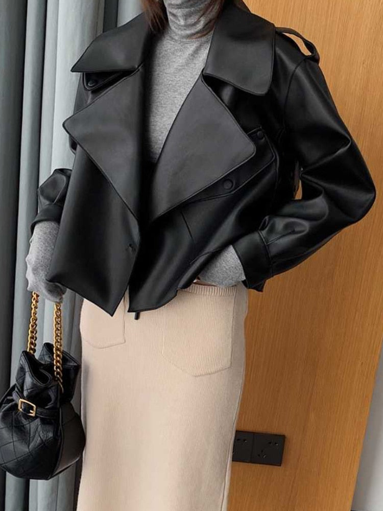 Women Pu Motorcycle Biker Faux Leather Jacket Turndown Collar Loose Punk Outerwear - MERGE.DAY.1.FREESTYLE