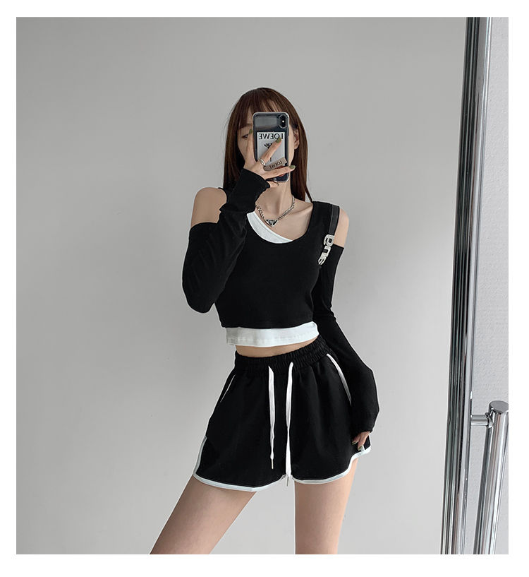 Patchwork Women's T-shirt Fake Two-piece Slim Long Sleeve Y2K Crop Tops Woman - MERGE.DAY.1.FREESTYLE