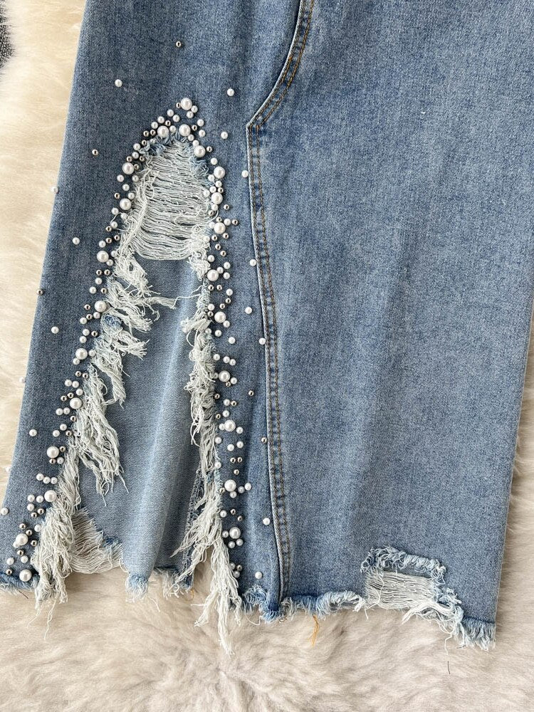 Beading Split Denim Skirts Women High Waist A-line Irregular Jeans Skirts - MERGE.DAY.1.FREESTYLE