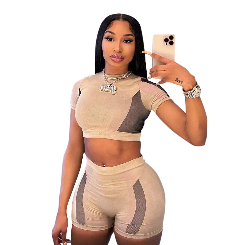 O Neck Short Sleeves Patchwork Crop T Shirt Shorts 2 Pieces Set - MERGE.DAY.1.FREESTYLE