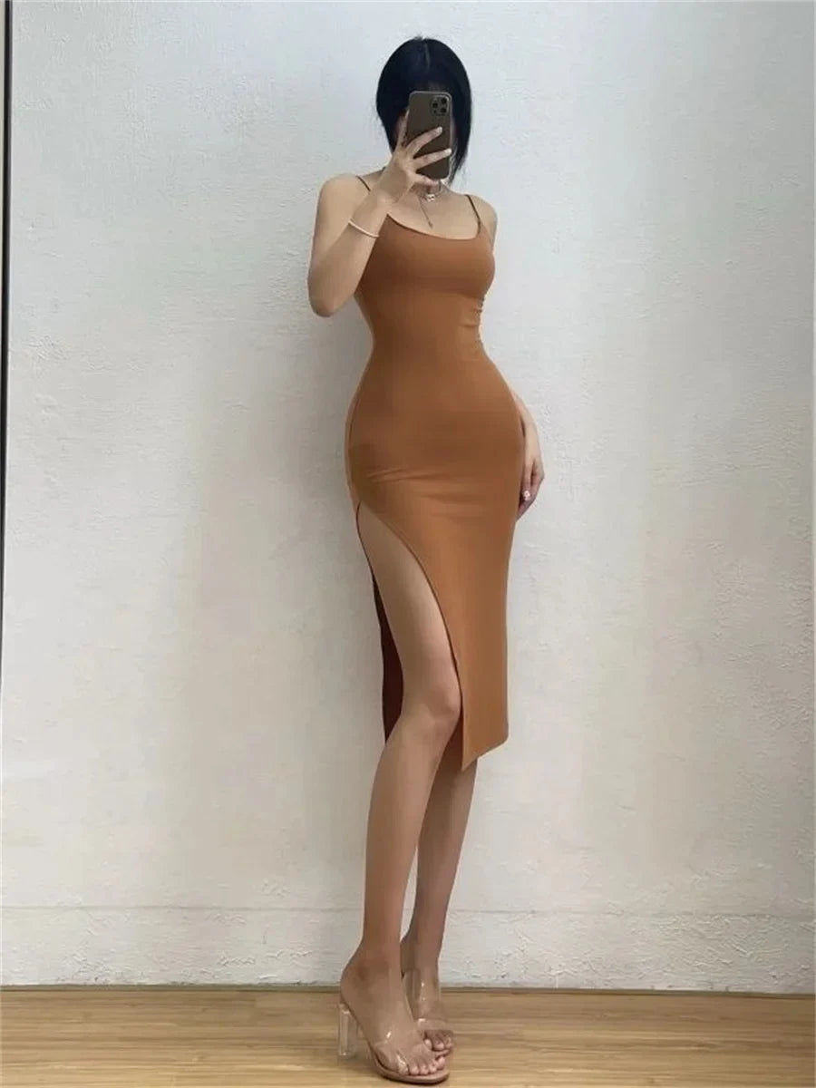 Sleeveless Spaghetti Strap Split Sheath Dress Vestidos - MERGE.DAY.1.FREESTYLE