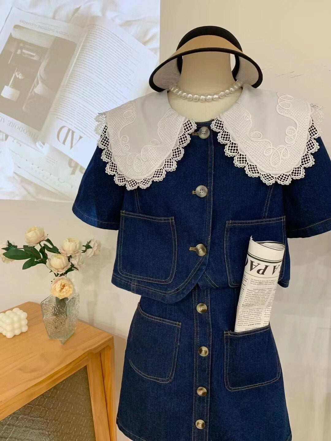 Summer Sweet Denim Suit Lace Peter Pan Collar Single Breasted Tops+high Waist A-line Skirts - MERGE.DAY.1.FREESTYLE