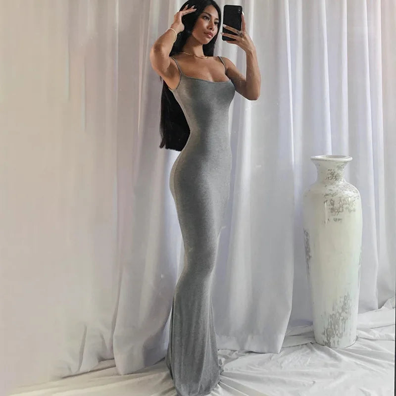 Spaghetti Strap Black Long Sleeveless Skinny Bodycon Dress Y2k - MERGE.DAY.1.FREESTYLE