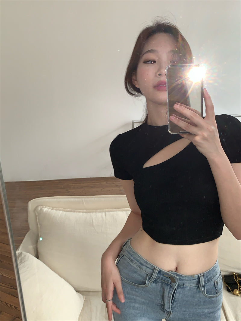T Shirt Women Summer Hollow Crewneck Cropped Tops Irregular Tight Fitting Short Sleeve - MERGE.DAY.1.FREESTYLE