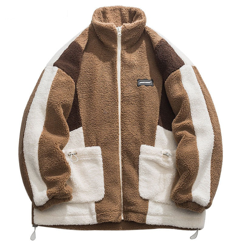 Hip Hop Streetwear Winter Color Block Patchwork Fuzzy Fluffy Thick Warm Coat - MERGE.DAY.1.FREESTYLE