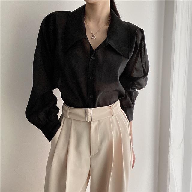 See Through Button Down Shirts Women New Loose Long Sleeve Blouse Female 2022 Summer Suncreen Tops - MERGE.DAY.1.FREESTYLE