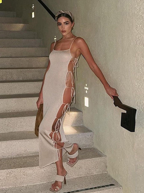 Side Hollow Out Bandage Long Dress Streetwear Beige Lace-up Sapghetti Strap Vestito - MERGE.DAY.1.FREESTYLE