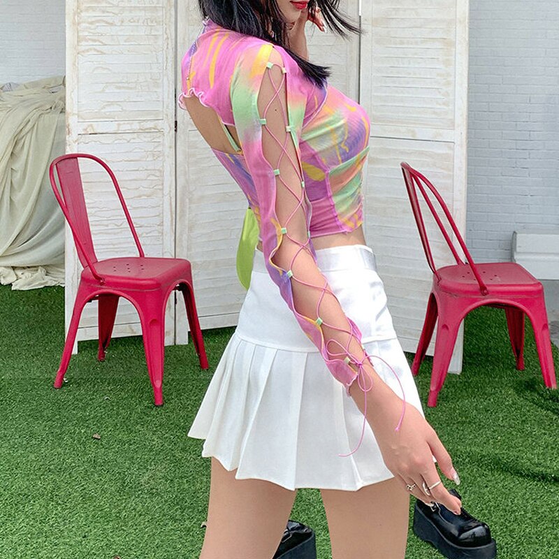 Hollow Bandage T-Shirt Women Sweet Suits Color Pattern Mesh Camisole + Long Sleeve Smock Female - MERGE.DAY.1.FREESTYLE