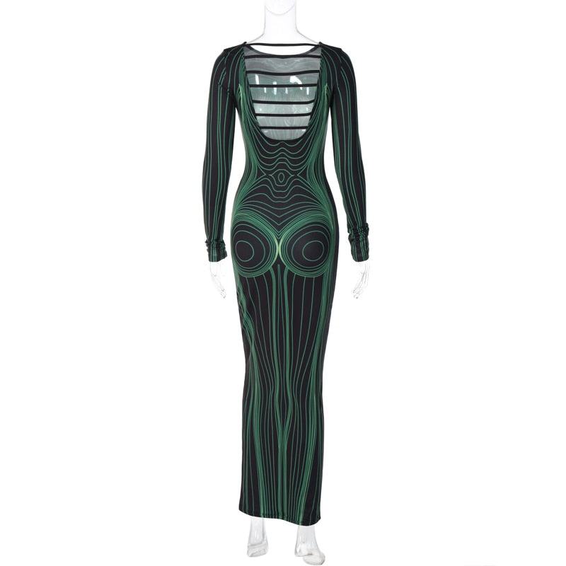 Striped Print Long Sleeve See Through Sexy Bodycon Maxi Dress - MERGE.DAY.1.FREESTYLE