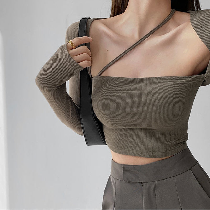 Cropped Tops Women Square Collar Slanted Shoulder Straps Halter Neck Long Sleeve T-shirt - MERGE.DAY.1.FREESTYLE