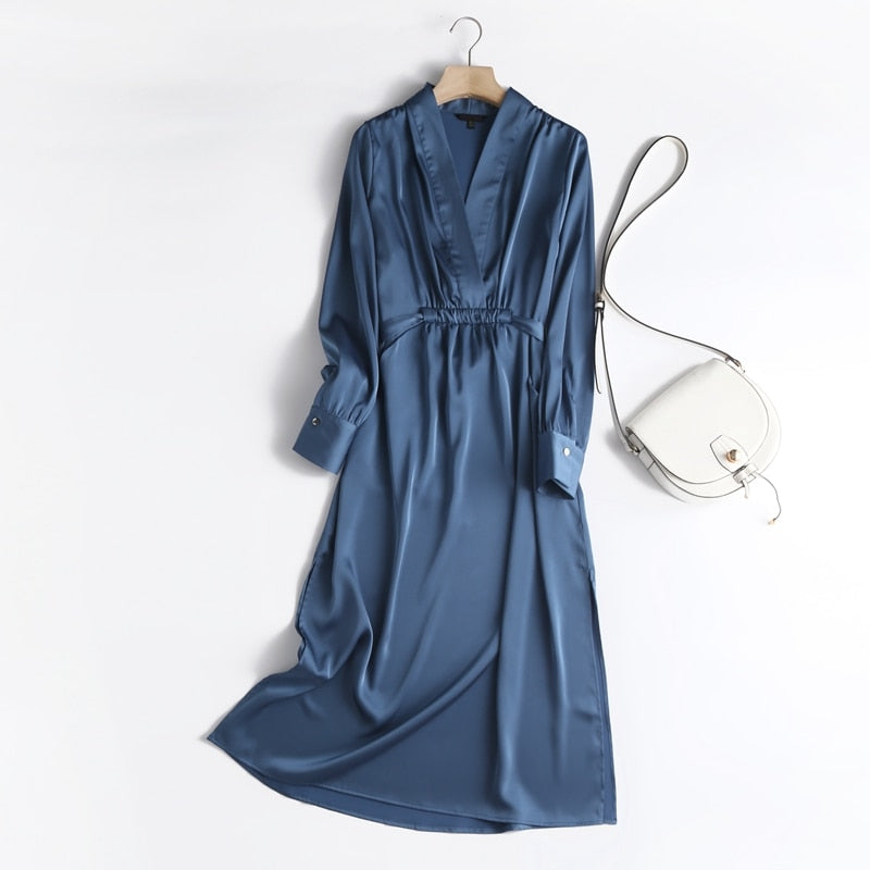Autumn Fashion Women Elegant Satin Dress Long Sleeve Office Ladies Midi Dress - MERGE.DAY.1.FREESTYLE