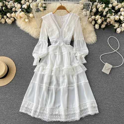 Lace Hollow Out White Dress Women Elegant V-neck Beach Holiday Style Dress - MERGE.DAY.1.FREESTYLE