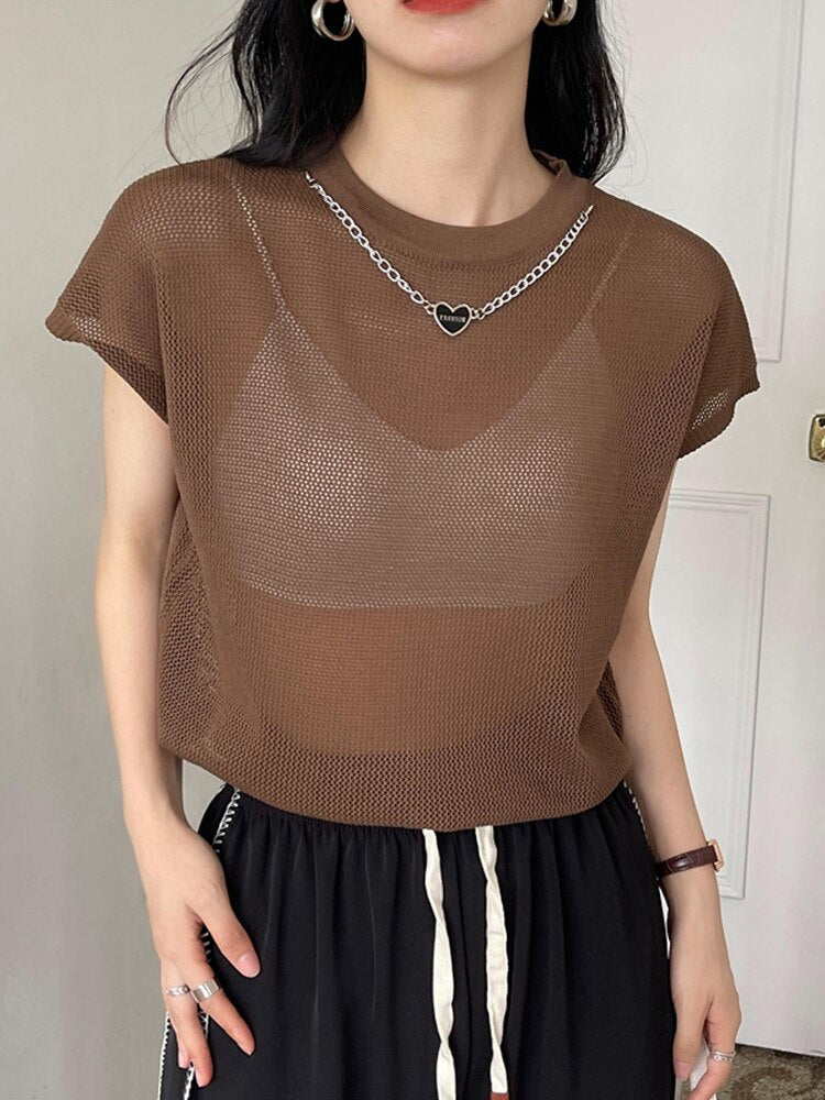 Hollow T-shirt Chain Women Summer New Solid Color Short Sleeve Knitted Tops Female 2022 - MERGE.DAY.1.FREESTYLE