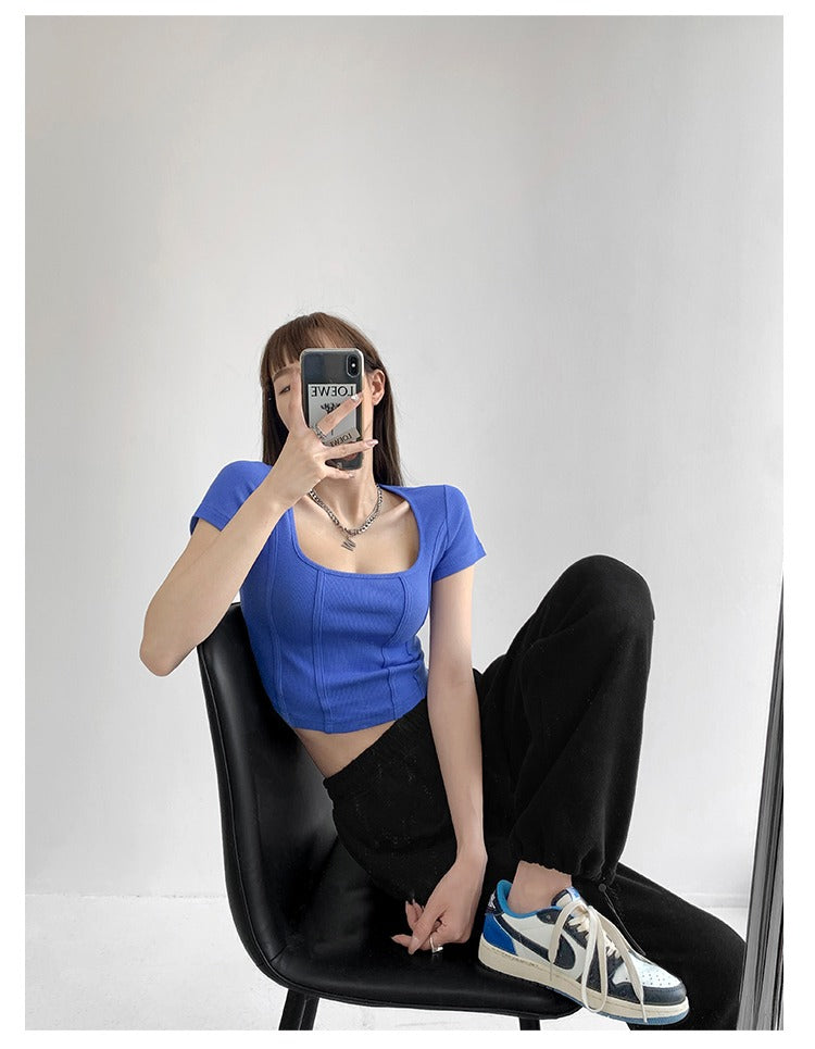 Vintaege Y2K Tops Women Summer Square Collar Short Sleeve T-shirt Fishbone Line Slim Crop - MERGE.DAY.1.FREESTYLE