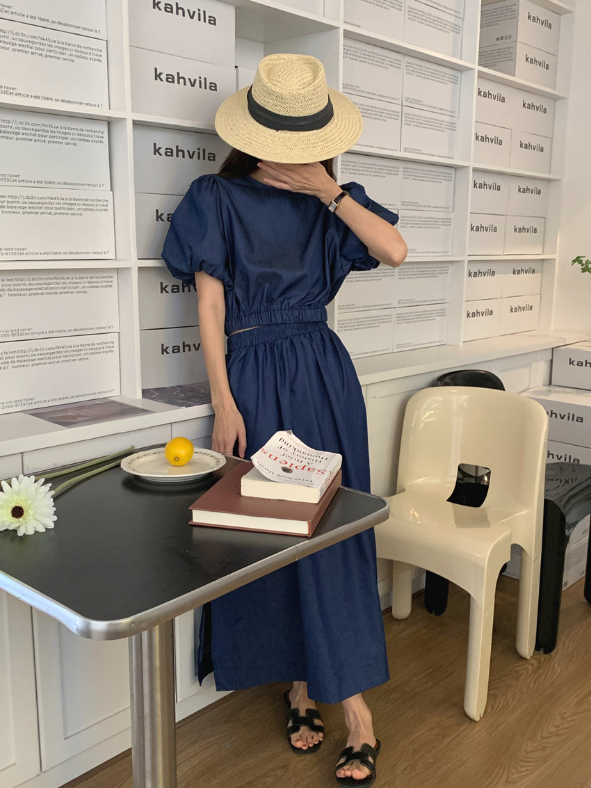 Women's Summer Cotton Denim Sets of Skirts Suit Chic Puff Sleeve Short Top with Umbrella Skirt - MERGE.DAY.1.FREESTYLE