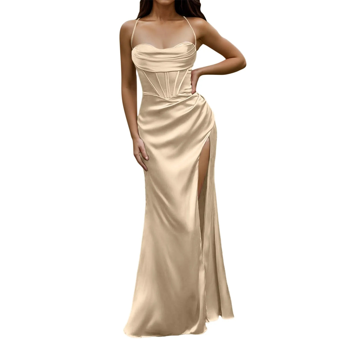 Spaghetti Strap Satin Corset Fishbone Push Up Bodycon Party Long Dress - MERGE.DAY.1.FREESTYLE