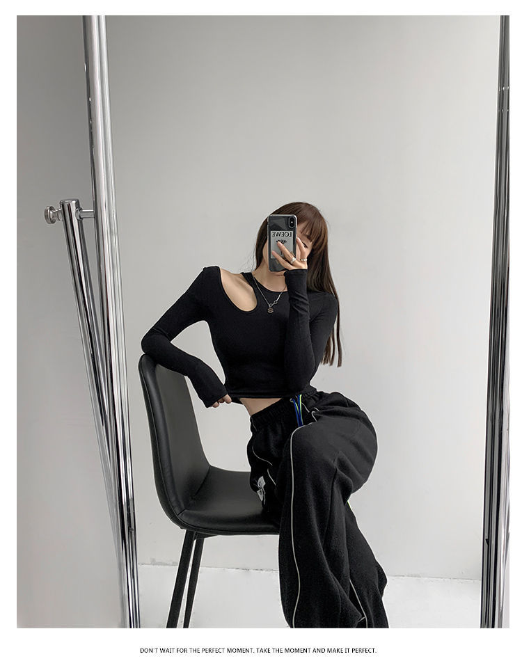Hollow T-shirt Women Fashion Slim Y2K Cropped Tops Off Shoulder Long Sleeve Tees Woman - MERGE.DAY.1.FREESTYLE