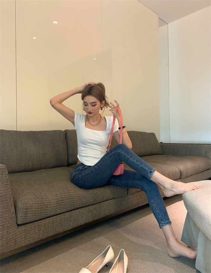 Pure Color Slim Short Sleeve Tees Women 2022 Summer Y2k Crop Fashion Sexy Blouse - MERGE.DAY.1.FREESTYLE