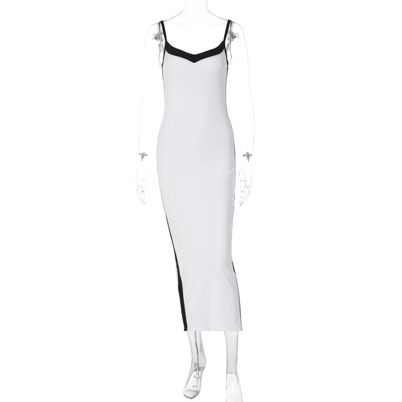 Color Bloack V Neck Sleeveless Slip Slit Sexy Bodycon Maxi Dress Y2K Outfit - MERGE.DAY.1.FREESTYLE