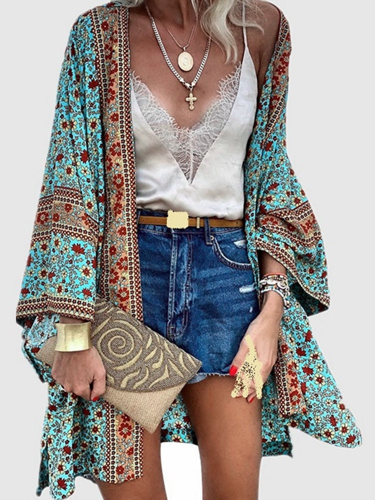 Cardigan Women Bohemian Floral Printed Blouse Open Front Loose Beach Tops Vintage Long Sleeve - MERGE.DAY.1.FREESTYLE