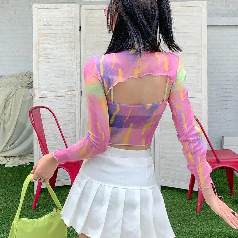 Hollow Bandage T-Shirt Women Sweet Suits Color Pattern Mesh Camisole + Long Sleeve Smock Female - MERGE.DAY.1.FREESTYLE