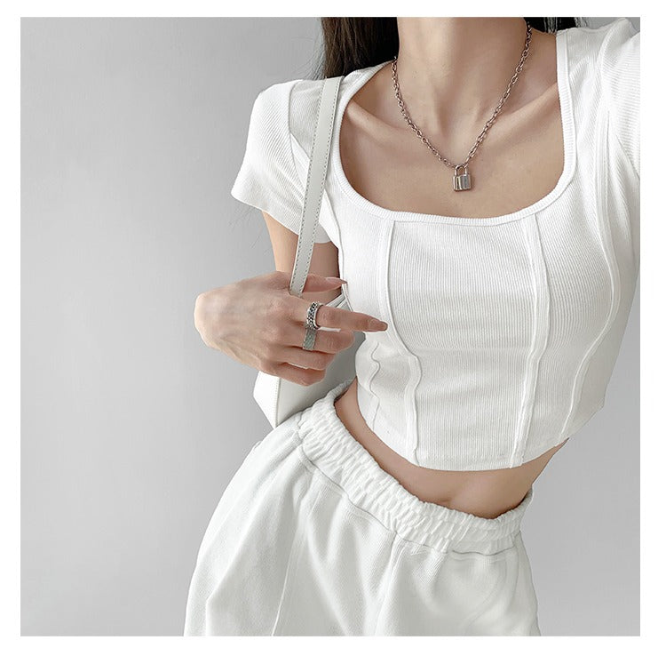 Vintaege Y2K Tops Women Summer Square Collar Short Sleeve T-shirt Fishbone Line Slim Crop - MERGE.DAY.1.FREESTYLE