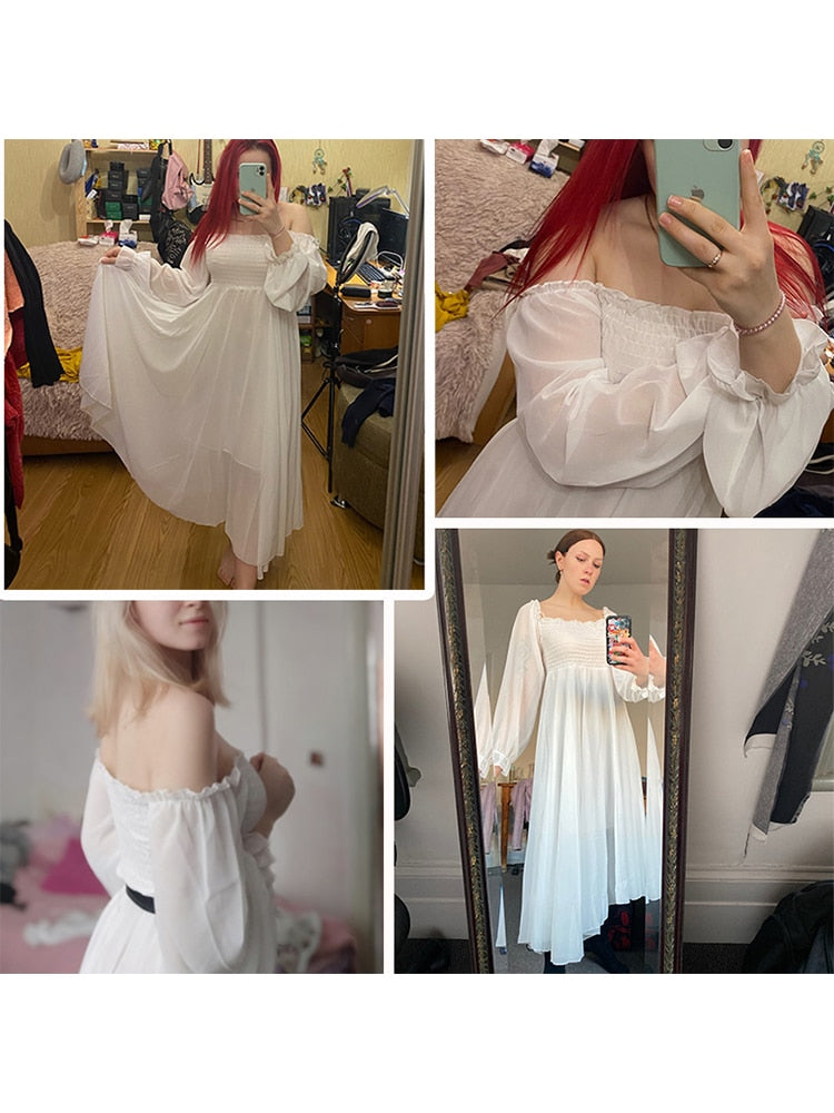 Holiday Puff Sleeve Slash Neck Off Shoulder Smocked White Chiffon Dresses - MERGE.DAY.1.FREESTYLE