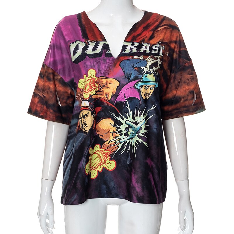 Short Sleeves V Neck Graphic Print Oversize Sexy Tops T Shirts Streetwear Y2K - MERGE.DAY.1.FREESTYLE