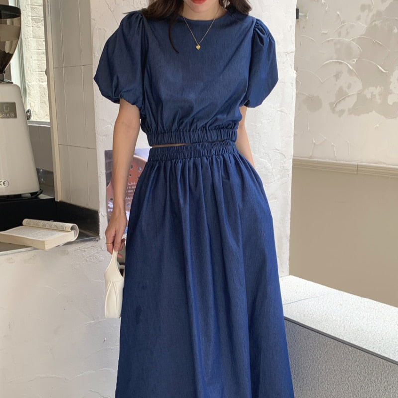 Women's Summer Cotton Denim Sets of Skirts Suit Chic Puff Sleeve Short Top with Umbrella Skirt - MERGE.DAY.1.FREESTYLE