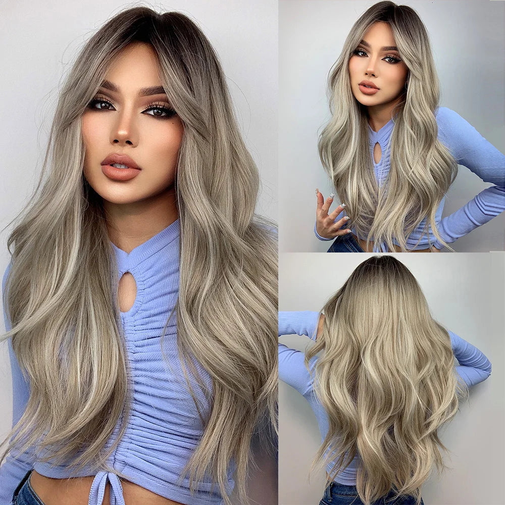 Platinum Blonde with White Highlight Dark Roots Synthetic Hair Wigs for Women Long Wavy Cosplay Daily Party Use Heat Resistant - MERGE.DAY.1.FREESTYLE