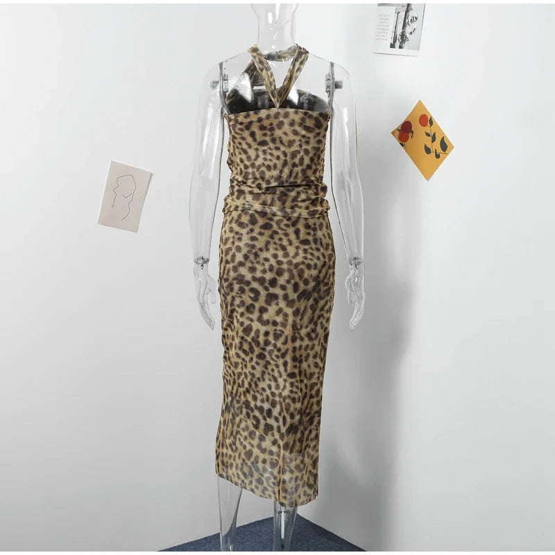 Leopard Print Wrapped Suit Backless Sleeveless Tops Skirts - MERGE.DAY.1.FREESTYLE