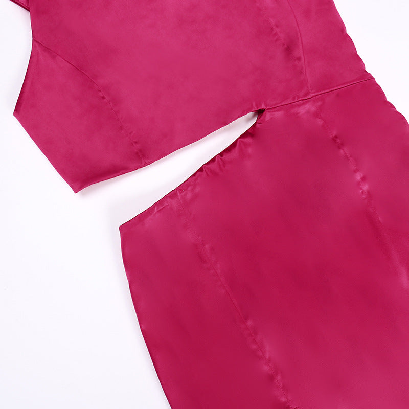 Vestido de fiesta largo y elegante para mujer con tirantes, detalle diagonal de flechos, hombros descubiertos y aberturas sexis