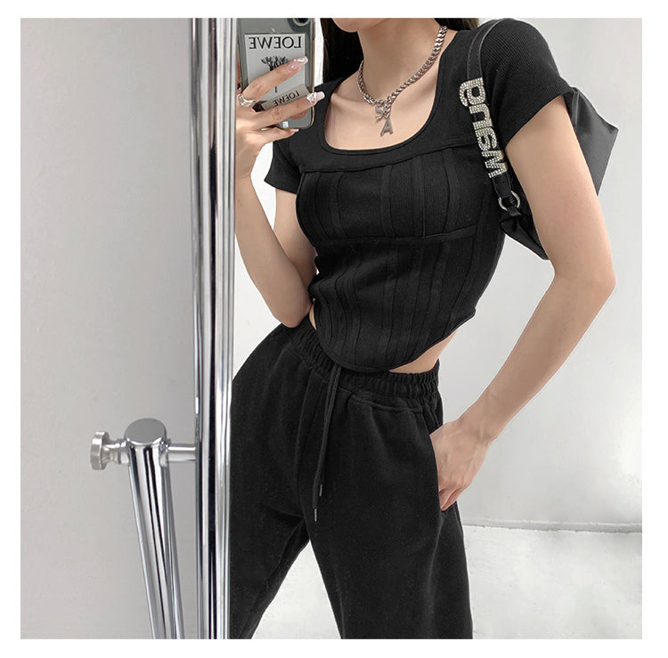 Summer Bright Line White T-shirt Women Slim Square Neck Short Sleeve Cropped Tops Female - MERGE.DAY.1.FREESTYLE