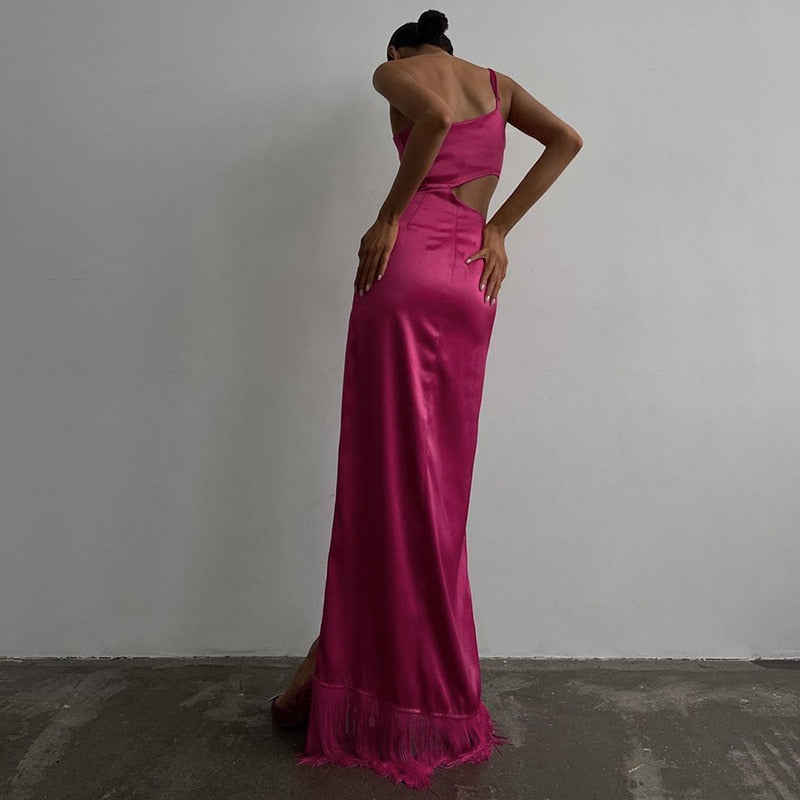 Elegant Women Diagonal Tassels Long Slip Party Dresses Sexy Off Shoulder Hollow Out Dress - MERGE.DAY.1.FREESTYLE