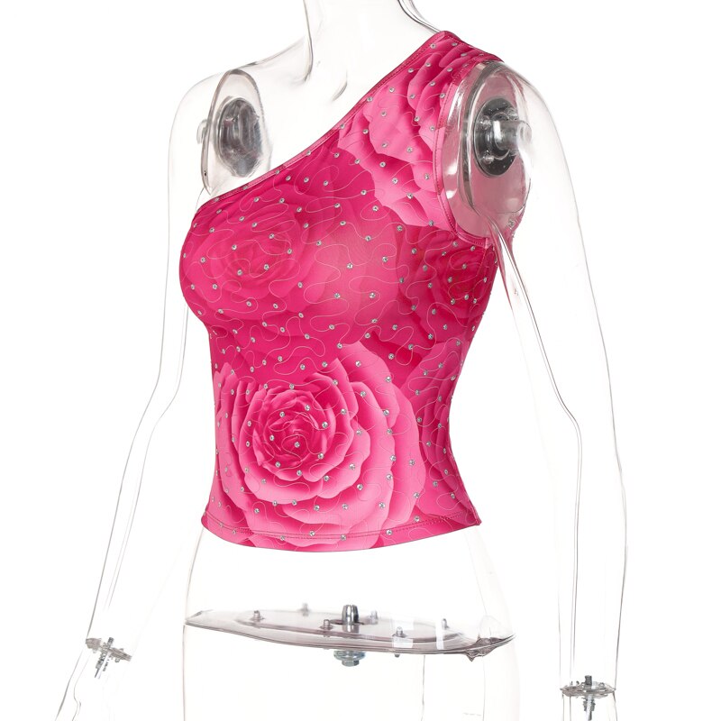 Diamond Print One Shoulder Sleeveless Crop Top Sexy Skinny Streetwear - MERGE.DAY.1.FREESTYLE