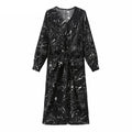 V-neck Long Sleeve Printed Dress Slim Waist Lace-up Split Midi Dress vestidos - MERGE.DAY.1.FREESTYLE
