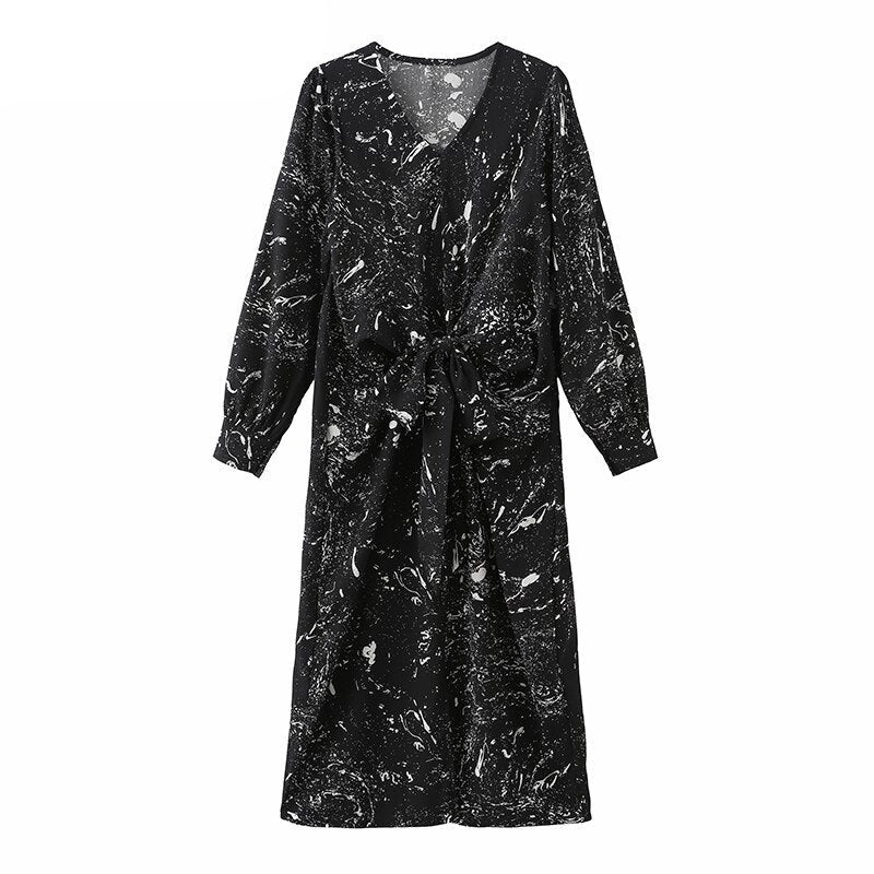 V-neck Long Sleeve Printed Dress Slim Waist Lace-up Split Midi Dress vestidos - MERGE.DAY.1.FREESTYLE