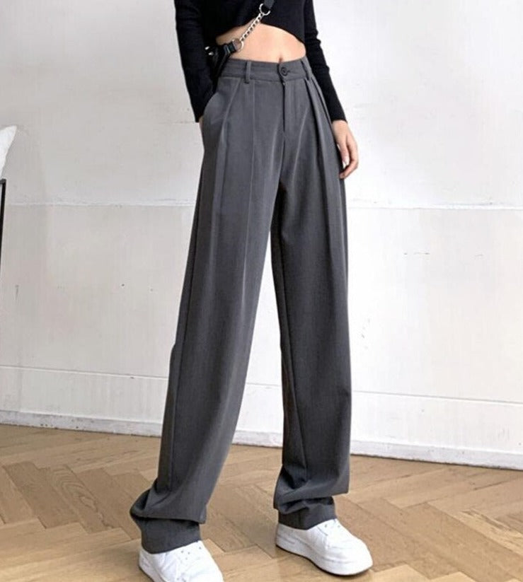 Long Suit Pants High Waist Button Women Wide Leg Trousers - MERGE.DAY.1.FREESTYLE